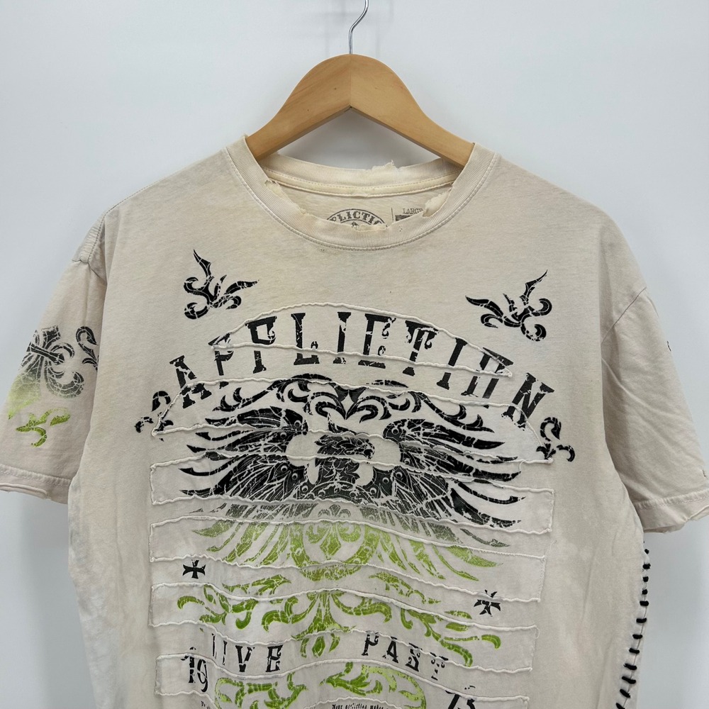 Affliction Mens Live Fast Graphic T-Shirt Beige Green Distressed Large USA Made
